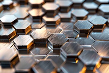 Obraz premium Close up view of a grid of metallic hexagons reflecting light at different angles, A grid of metallic hexagons reflecting light at different angles