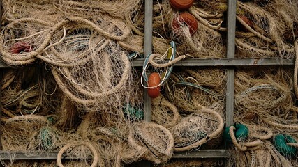 nets stacked in a metal box as a background
