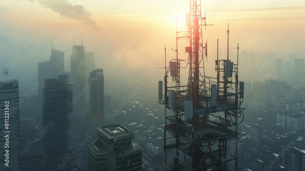 Poster a signal tower in an urban setting, surrounded by skyscrapers, representing the integration of telec
