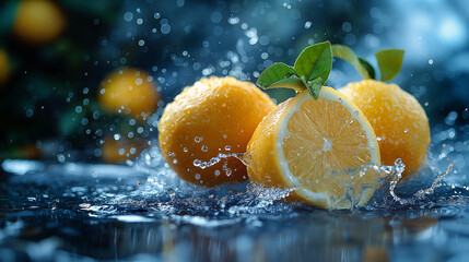 Close-up photo advertisement of fresh lemons in water splashing on dark blue background with high detailed and dynamic action.