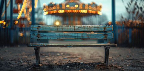 A frontal view of a wooden bench against a amusement park background. Generative AI.