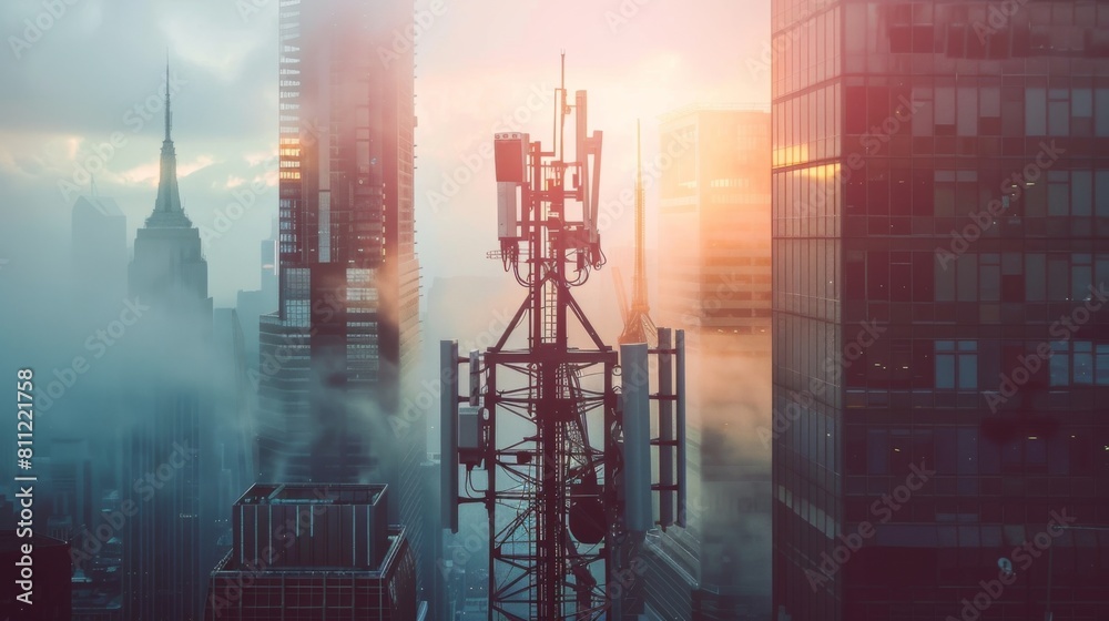 Poster a signal tower in an urban setting, surrounded by skyscrapers, representing the integration of telec