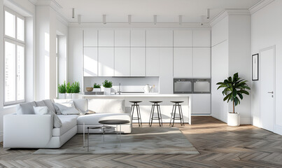 Bright Modern Kitchen and Living Space, Scandinavian Design, Airy and Fresh