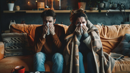 Cold couple sitting on sofa at home blowing nose and covered with blanket - Powered by Adobe