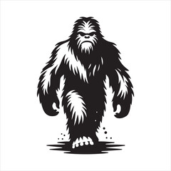 Front view of a walking Yeti. A black and white silhouette of a walking Yeti (bigfoot).