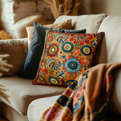there is a couch with a colorful pillow on it