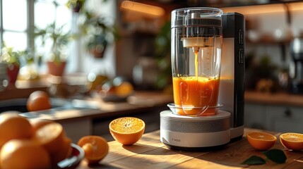 A electric juicer with glass and metal material on the table in front of it is an orange juice being poured into a transparent cup. Generative AI.