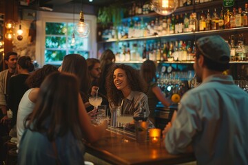 Various customers engaged in conversation at a bar, A group of diverse customers chatting with a bartender at a lively bar