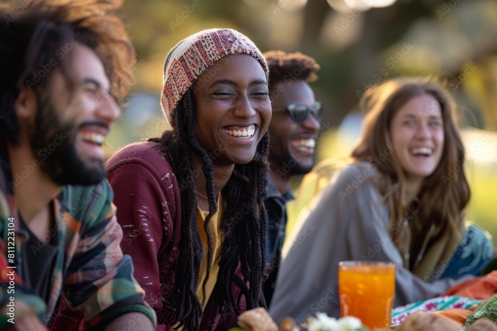 Canvas Prints Diverse group of people sitting around a table, laughing joyfully, A group of diverse friends laughing together at a picnic