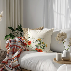 there is a white couch with a plaid blanket and a vase with flowers