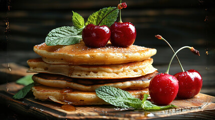   A wooden cutting board holds stacks of pancakes crowned with cherries, beside a steaming cup of coffee
