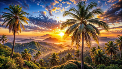 Sunset landscape in palm tree forest, nature wallpaper. Generative ai