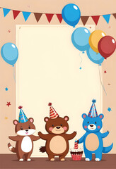 Obraz premium a birthday card with bears and balloons with confetti raining down