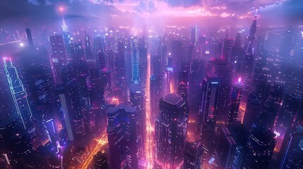 The city of the future of science and technology, mainly blue and purple tones. Aerial high view. Generative AI.