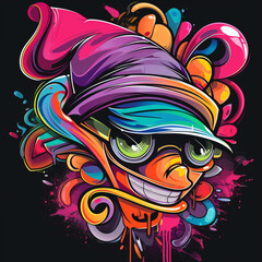 In this graffiti, facial elements such as eyes, nose, and mouth are depicted with abstract forms, vibrant colors, and bold lines.