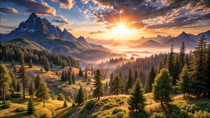 Sunrise view in pine forest on the mountain, nature wallpaper. Generative ai