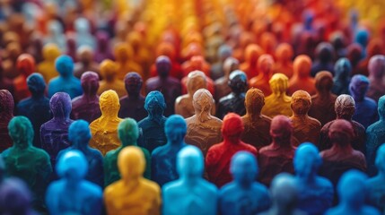 A group of people are standing in a crowd with different colored faces, AI