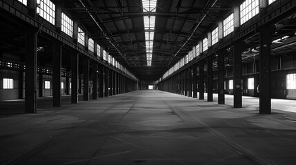 arafed warehouse with a lot of windows and a long floor
