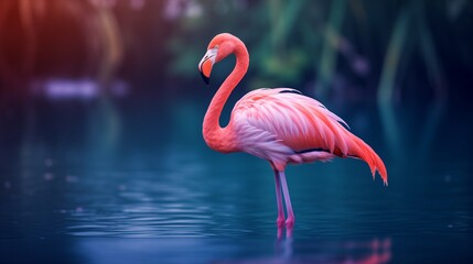A vibrant pink flamingo stands gracefully in a calm body of water, surrounded by lush greenery, showcasing the bird's striking color contrast and serene habitat