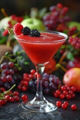 Vibrant Berry Cocktail in Elegant Glass Amidst Fresh Fruit Assortment