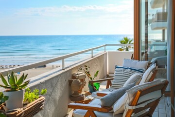 Sunny Beachfront Balcony View with Relaxing Lounge Chair and Ocean Horizon