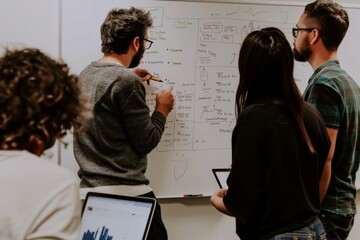Employees collaborating and discussing ideas while standing around a whiteboard in a meeting room, A group of employees collaborating around a whiteboard brainstorming session