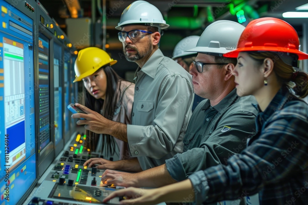 Poster engineers in hard hats gather around a computer screen, troubleshooting technical issues collaborati