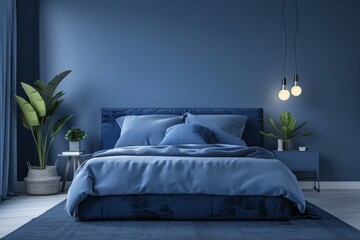 Modern Blue Bedroom Interior with Cozy Bedding and Plants