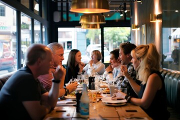 Entrepreneurs engaged in a productive business meeting at a restaurant table, A group of entrepreneurs having a productive conversation over a working lunch