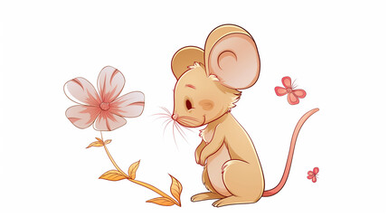 cartoon mouse with flower and butterfly on white background