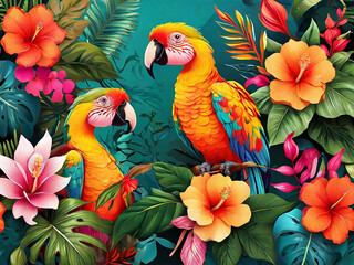 Tropical exotic pattern with animal and flowers in bright colors and lush vegetation