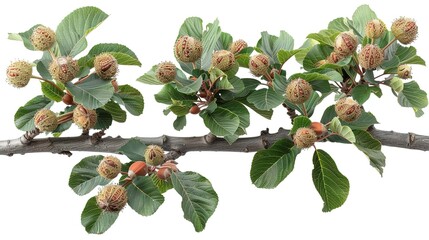 A branch of a tree with green leaves and brown nuts. The nuts are round and have a hard shell. The leaves are arranged alternately on the branch.