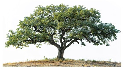 Obraz premium A large, old tree stands alone on a hill. Its branches are bare, and its leaves are a deep green. The tree is surrounded by a lush, green field.