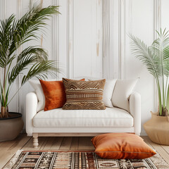 there is a white couch with orange pillows and a potted plant