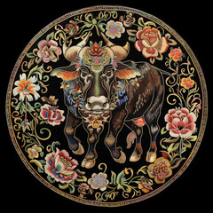 a close up of a plate with a bull on it