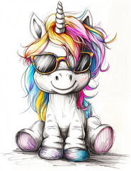 a drawing of a unicorn with sunglasses sitting on the ground