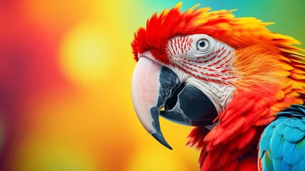 Close-up of a scarlet macaw, featuring its brilliant red, blue, and yellow feathers and a powerful beak, set against a vivid green background