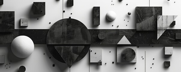 Black and white banner with illustration of different geometric shapes as background