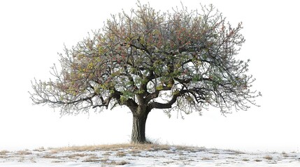 A large, old tree stands alone in a snowy field. Its branches are bare, and its leaves are gone. The tree is still and silent, and it seems to be waiting for something.