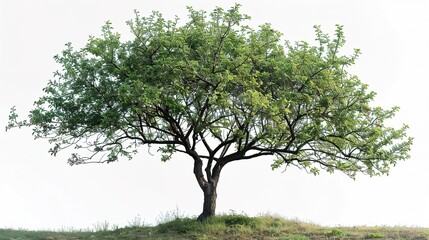 Create a watercolor painting of a single, gnarled tree on a grassy hill. The sky is a clear blue and the sun is shining brightly. The tree is in full bloom with pink blossoms.