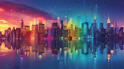 Rainbow Spectrum Cityscape  A vibrant cityscape bathed in the colors of the rainbow flag