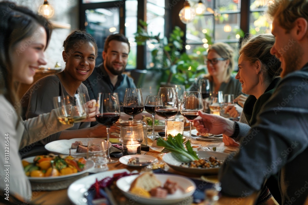 Canvas Prints Group of diverse friends sitting around a dinner table, enjoying a meal and conversation at a restaurant, A group of friends enjoying a meal together at a restaurant