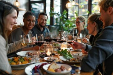 Group of diverse friends sitting around a dinner table, enjoying a meal and conversation at a restaurant, A group of friends enjoying a meal together at a restaurant