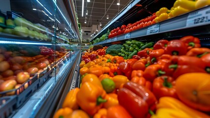 Birds eye view of welllit grocery store aisle with fresh produce. Concept Fresh Produce Aisle, Grocery Store Setup, Aerial Perspective, Illuminated Interior, Well-Lit Environment