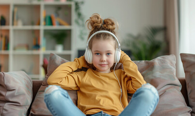 Obraz premium Cheerful little girl listen to music while wearing headphones and sitting on the sofa in the living room. Their faces glow with joy as the sounds of their favorite songs fill the space.