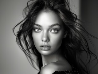Naklejka premium Black and white portrait of a young attractive woman. Feelings and emotions, beauty and sadness.
