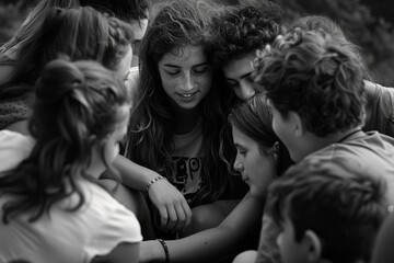 Fototapeta premium Young individuals huddled together in a close circle, engaged in conversation and storytelling, A group of friends huddled together, sharing stories from summer break