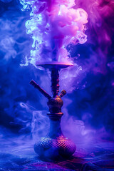 Metal Arabic hookah with large puffs of smoke in pink blue neon light