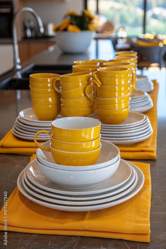 Poster A stack of yellow plates and cups on a counter with napkins, AI