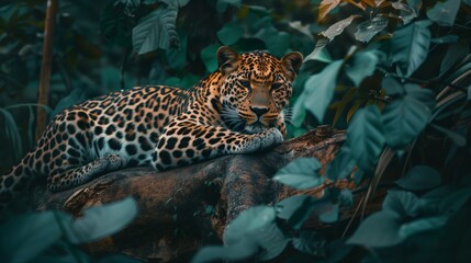 majestic jaguar resting on a log surrounded by lush green foliage in a serene tropical jungle